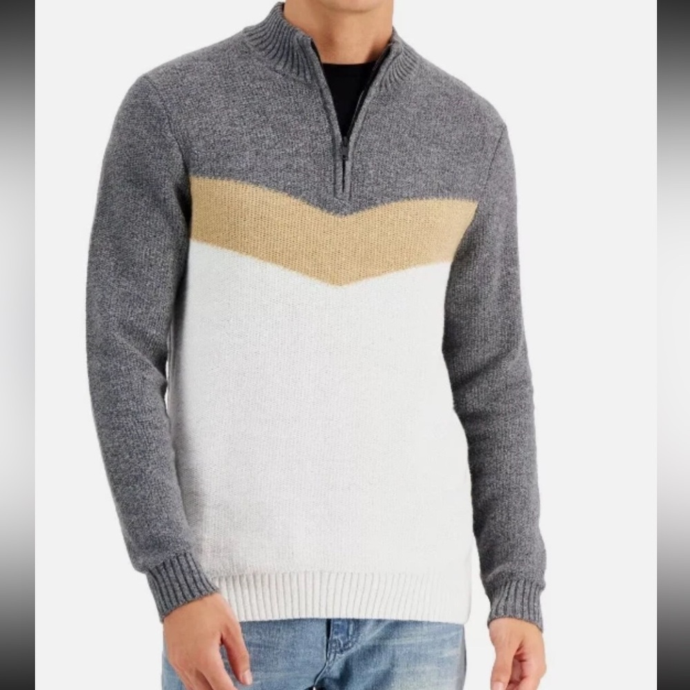 Alfani Men’s Gray, Tan & White Zip-Front Chevron Sweater